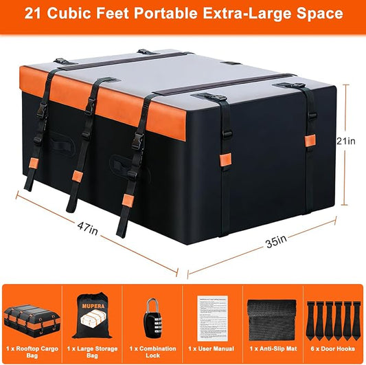 Mupera 21 Cubic Ft Waterproof Rooftop Cargo Carrier Bag for Cars SUVs | Fits With/Without Roof Rack, Anti-Slip Mat & 6 Door Hooks, Lock Included, Soft Shell Top Carrier