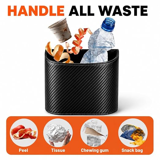 COZILO Leather Car Trash Can – Leakproof & Easy-to-Clean Car Garbage Can for Luxury Cars, SUVs & Trucks | Includes 60 Custom Liners, Secure Hook, Easy Install, Carbon Fiber