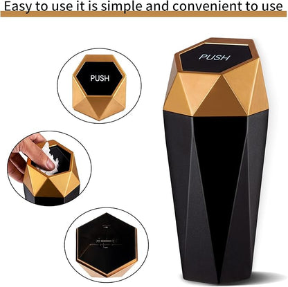 JUSTTOP Car Trash Can with Lid, Mini Diamond Design Portable Trash Can, Plastic Material and Multipurpose Organizers for Car,Home,Office(Gold)