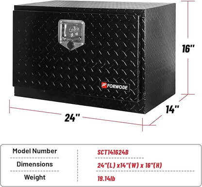 FORWODE 24x14x16 Inch Underbody Truck Tool Box Aluminum Trailer Tool Box with Lock & Foldable T-Handle Waterproof Truck Storage Box for Pickup Truck, Trailer, RV, ATV, Indoor（BLACK）