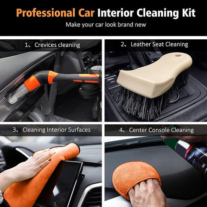 YeewayVeh 7PCS Car Interior Detailing Kit, Horse Hair Car Leather Brush, Applicator Pads and Microfiber Cloth for Car Interior & Seats Leather, Interior Car Cleaning Kit, Orange