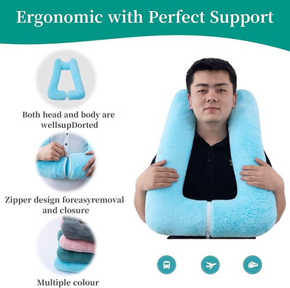 FHSGGP Travel Pillow Upgraded Version of Aircraft Travel Neck Pillow with Storage Bag, Sleep Pillows for Travel by Train, Car, or Plane, Supporting The Head and Body, Travel Pillow for Kids Blue