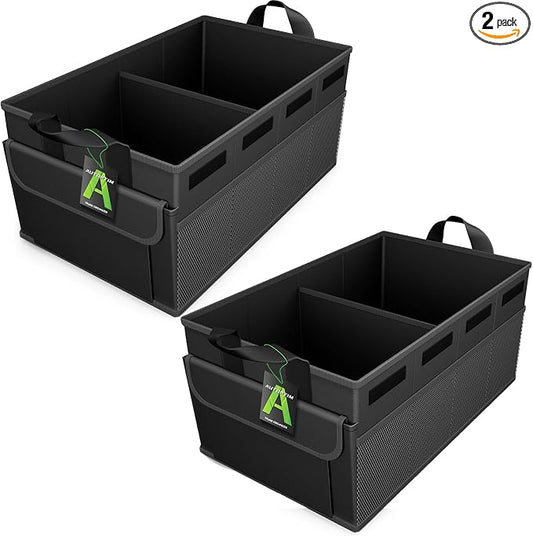 AUTOPTIM Car Trunk Organizer - Collapsible Car Organizer with Non Slip Bottom & Multiple Pockets for Groceries, Trunk Storage with Base Panel for SUV Sedan Van, 2 Compartments (Black, Small, 2 Pack)