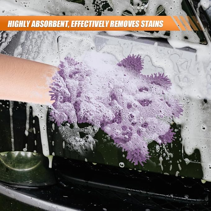 Craedli 2PCS Car Wash Mitts, Anti-Scratch Double Sided 5-Finger Microfiber Car Interior&Exterior Detailing Gloves, Soft Vehicle Chenille Dusting Mitt for Cleaning Wheel Tight Spot (Purple)