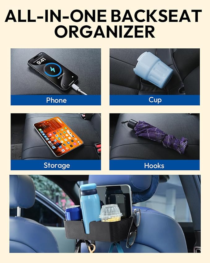 3 in 1 Car Headrest Backseat Organizer, Seat Back Organizer Headrest Strong Multi- Hanging Hooks with 3.7" Cup Holder for Car Headrest Backseat Travel Accessories, 2PCS