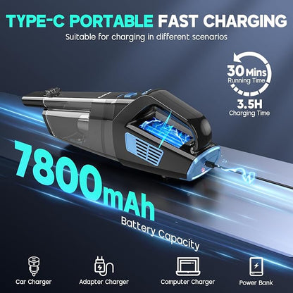 CKIKH Handheld Vacuum Cordless, 15000PA Strong Suction Hand Held Car Vacuum Cleaner Portable with Multi-Nozzles & Washable Filter, Lightweight Rechargeable Vacuum Cleaner for Home, Car, Office, Pets