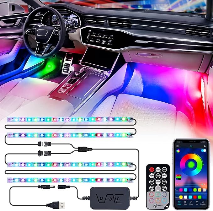 Xprite Dreamcolor USB LED Cars Interior Lights Strip Kits, w/Remote & Bluetooth APP Control, Footwell Under Dash RGB Neon Chasing Inside Lights, DIY Music Mode, Universal for Vehicle Trucks UTV ATV