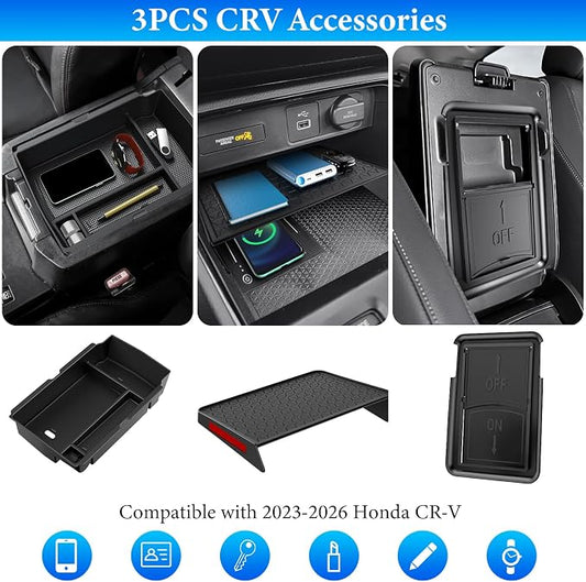 YPHUIKI 3PCS Center Console Organizer Compatible with Honda CRV 2023 2024 2025 2026 Accessories CR-V Hybrid Armrest Organizer Tray Hidden Storage Box ABS Material