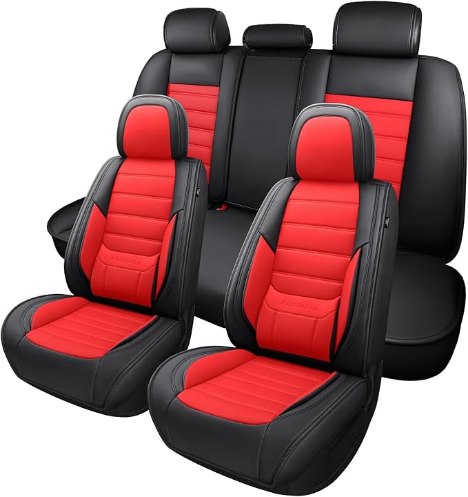 MINGBRON Car Seat Covers Full Set,Black White Car Seat Cover, Car Seat Protector Waterproof, Nappa Leather Car Seat Cushion Fit for Most Cars Red