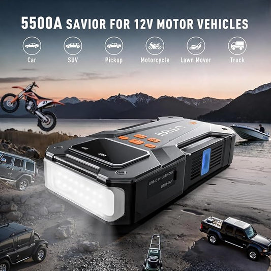 UTRAI 5500A 150PSI Jump Starter with Air Compressor, 12V Portable Jump Box (All Gas/10L Diesel), Jump Pack with LED Light, Car Jumper with Jumper Cables, Storage Case Included