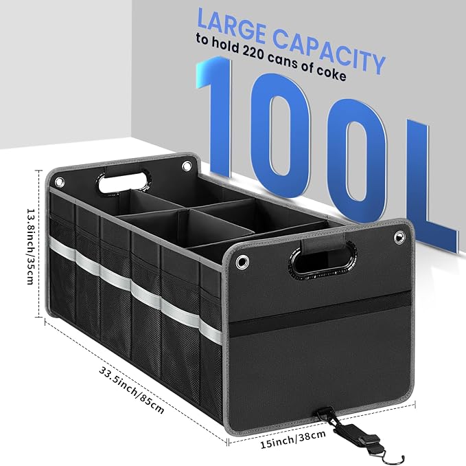 winhunt Car Trunk Organizer, Car Storage Organizer, Collapsible Multi Compartment for Car, Suv, Sedan, Truck, 100L, Extra Larger (Black, 100L)