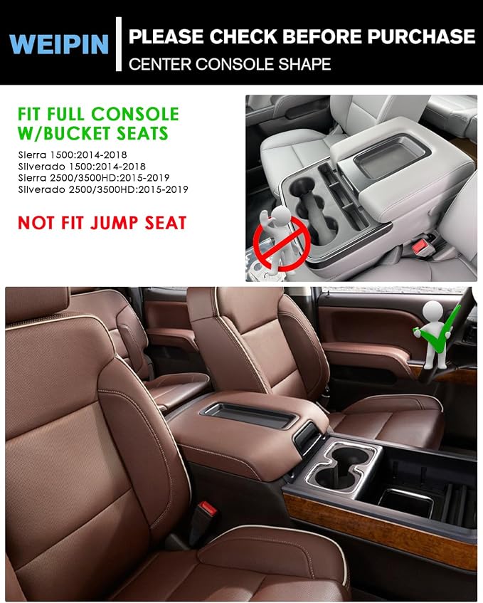 For 2PCS Center Console Organizer Tray TPE Materials Compatible with 2014-2018 Silverado/Sierra 1500& 2015-2019 Silverado&Sierra 2500HD/3500HD - Full Console w/Bucket Seats Only