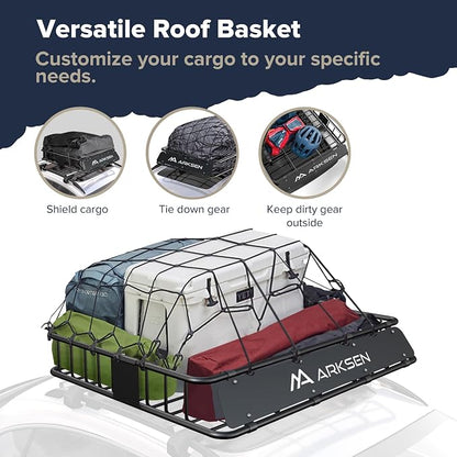 ARKSEN 43 x 50 x 6 Inch Universal Extra Wide 150LB Heavy Duty Roof Rack Cargo with Extension Car Top Luggage Holder Carrier Basket for SUV, Truck, & Car Steel Construction