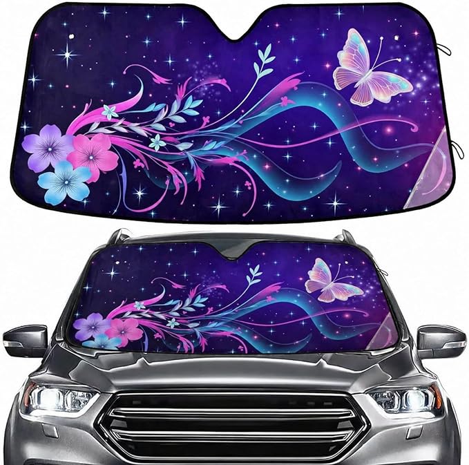 Fantasy Butterfly Flowers Windshield Sun Shade for Car Auto SUV Truck Foldable Front Window Sunshade Sun Visor Protector Block UV Rays Reflect Heat, 55" x 28"