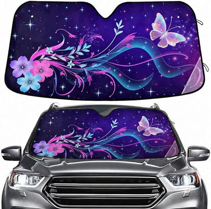 Fantasy Butterfly Flowers Windshield Sun Shade for Car Auto SUV Truck Foldable Front Window Sunshade Sun Visor Protector Block UV Rays Reflect Heat, 55" x 28"