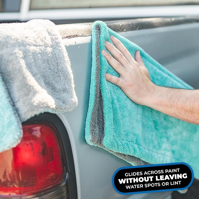 The Rag Company, The Liquid8r, Absorbent 70/30 Blend Microfiber Drying Towel for Cars, Trucks, and SUVs, Safe for Detailing, Scratch-Free, Twist Loop, 1100 GSM, 20x24 Inches, Aqua Blue/Grey