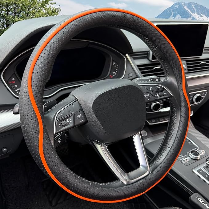 HAOTULE Leather Steering Wheel Cover， with Anti-Slip Stripe Design - Enhanced Grip, Fashion Style, Safe, Non-Slip, Breathable. Upgrade car Interior，Orange