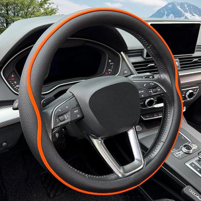 HAOTULE Leather Steering Wheel Cover， with Anti-Slip Stripe Design - Enhanced Grip, Fashion Style, Safe, Non-Slip, Breathable. Upgrade car Interior，Orange