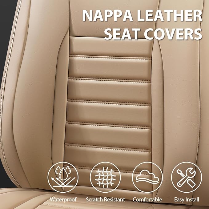 CAR PASS Nappa Leather Car Seat Covers Front Seats, Luxury Seat Protector for Cars, Waterproof Anti-Slip Seat Cushion Airbag Compatible Universal for Sedan SUV Pick-up Truck Automotive Vehicle, Beige