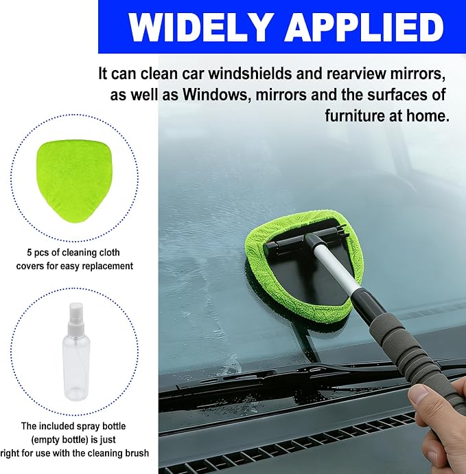 Car Detailing Kit, Extendable Windshield Cleaner with 5 Upgraded Reusable Microfiber Pads | Interior/Exterior Auto Glass & Wheel Cleaning Tool