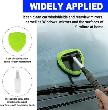 Car Detailing Kit, Extendable Windshield Cleaner with 5 Upgraded Reusable Microfiber Pads | Interior/Exterior Auto Glass & Wheel Cleaning Tool