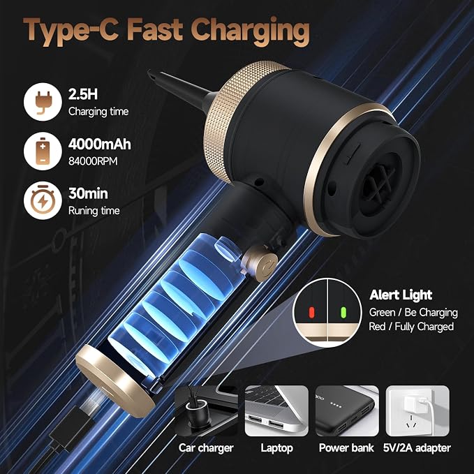 Car Vacuum Portable Cordless,16000PA Strong Suction Handheld Car Cleaner with Dual HEPA Filters,LED Light,Type-C Charging Mini Vacuum, One-Click Empty Compact for Home Cleaning and Office