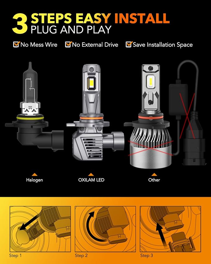 OXILAM Upgraded 9012/HIR2 Light Bulbs,33,000 Lumens Brightness, 6500K White Halogen Replacement, Non-polarity, Plug and Play, Pack of 2
