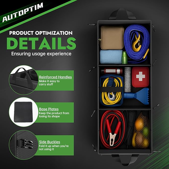 AUTOPTIM Car Trunk Organizer - 85L Collapsible Car Organizer with Non Slip Bottom & Multiple Pockets for Groceries, Trunk Storage with Base Panel for SUV Sedan Van, 3 Compartments (Black, Large)