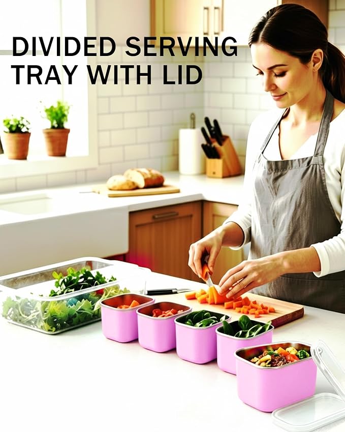 Snackle Box Container, Stainless Steel Divided Serving Tray with Lid and Handle, Large Snack Tray for Fruit Veggie Candy, 8-Compartment Snack Platter for Travel Beach Picnic,with Pink Silicone Sleeve
