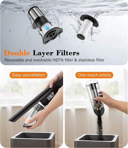 Cordless Handheld Vacuum,24KPA Powerful Hand Held Vacuum,Portable Rechargeable Car Vacuum Cleaner with Brushless Motor,Charging Dock and Washable Filter for Car,Home,Office,Pet Pair,Black