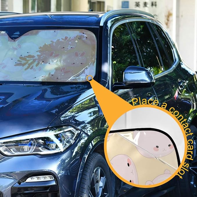 Cute Pink Bunny Car Windshield Sun Shade Rabbit Animal Foldable UV Ray Sun Visor Protector Sunshade to Keep Your Vehicle Cool (55" x 27.6")
