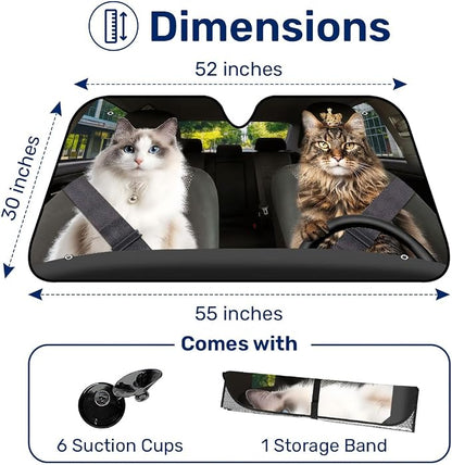GENANY Couple Cat Windshield Cover for Car SUV Truck (55x30 Inches), Foldable Heat Shield, Shades for Front Windows, Protector Blocks UV, Car Decor
