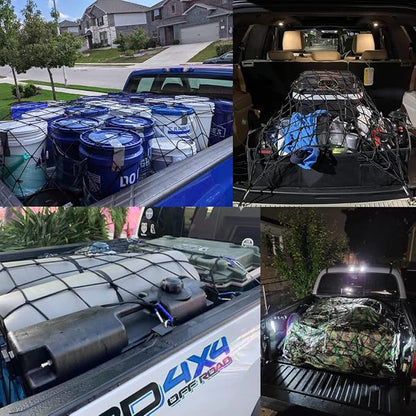 Amiss 4' x 6' Stretches to 8' x 12' Truck Cargo Net, Roof Rack Cargo Net for Pickup Trucks SUV, Heavy Duty Truck Bed Cargo Bungee Net with 12 Black Clips and Storage Bag, Car Exterior Accessories