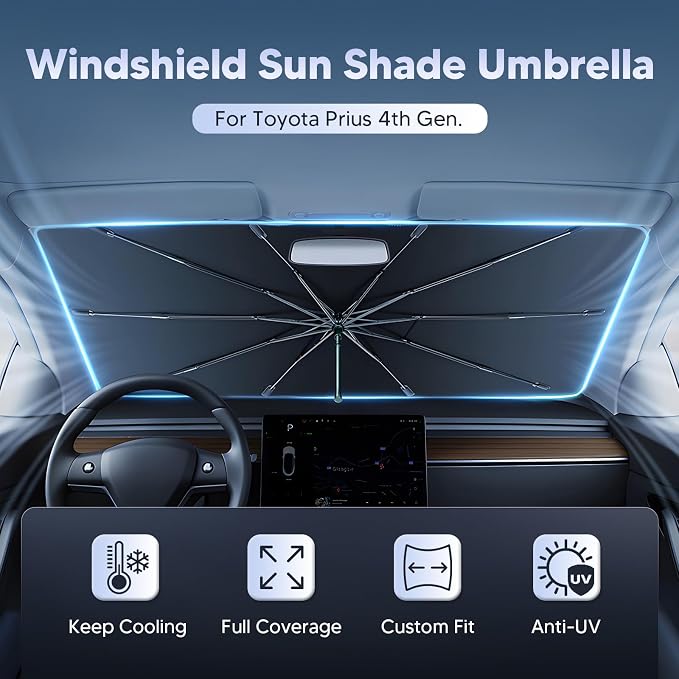 Autorder Windshield Sun Shade Umbrella for 2016-2022 Toyota Prius Accessories,Upgraded Ice Crystal Material,Easy Setup Umbrella Sunshade for Car Windshield,100% Sun Blocking