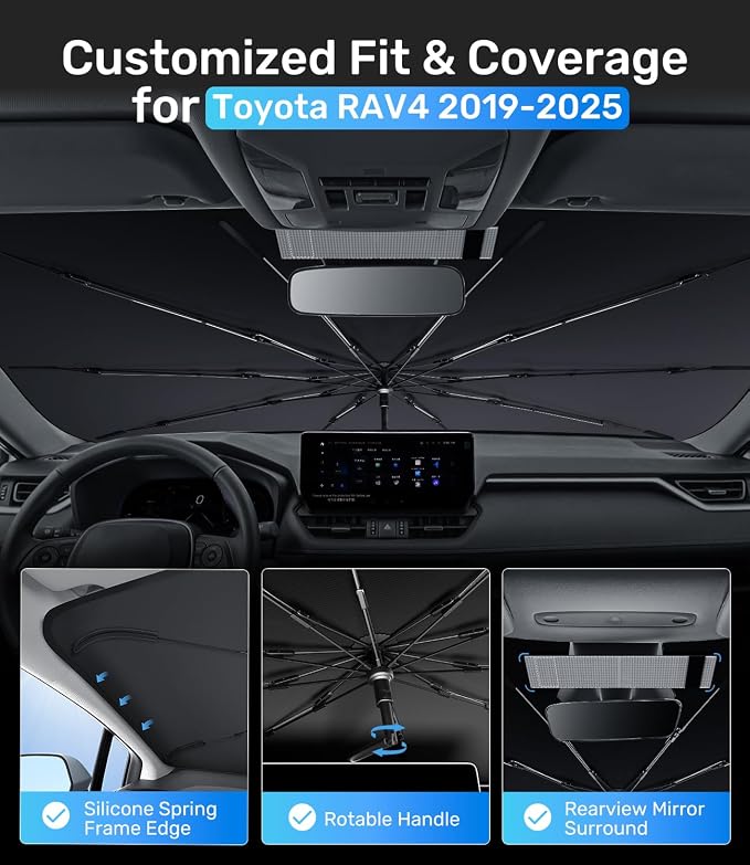 Zanch Upgrade Windshield Sun Shade, Custom Fit for Toyota RAV4 2019-2025 [Titanium-Silver Reflective Coating] Blocks 99% UV & Heat, Sunshade Umbrella for RAV4 2019 2020 2021 2022 2023 2024 2025