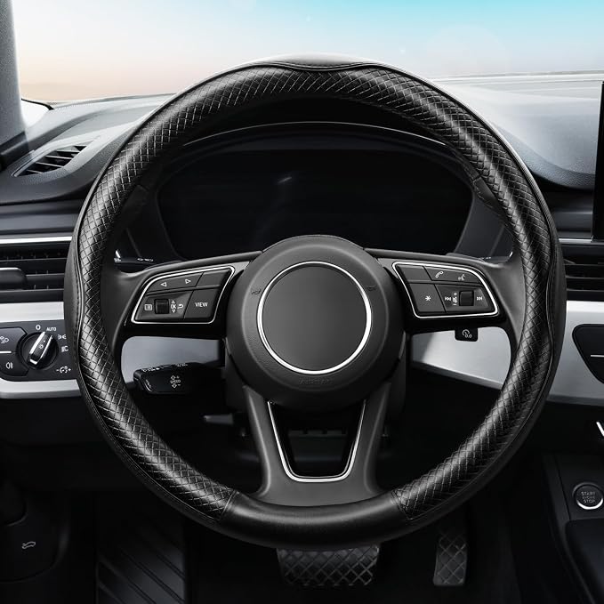 YHONGJT Soft Premium Leather Steering Wheel Cover, Breathable, Non-Slip Grip, Universal 15 Inch for Women Girls, Fit Vehicles, Sedans, SUVs, Vans, Trucks - Black
