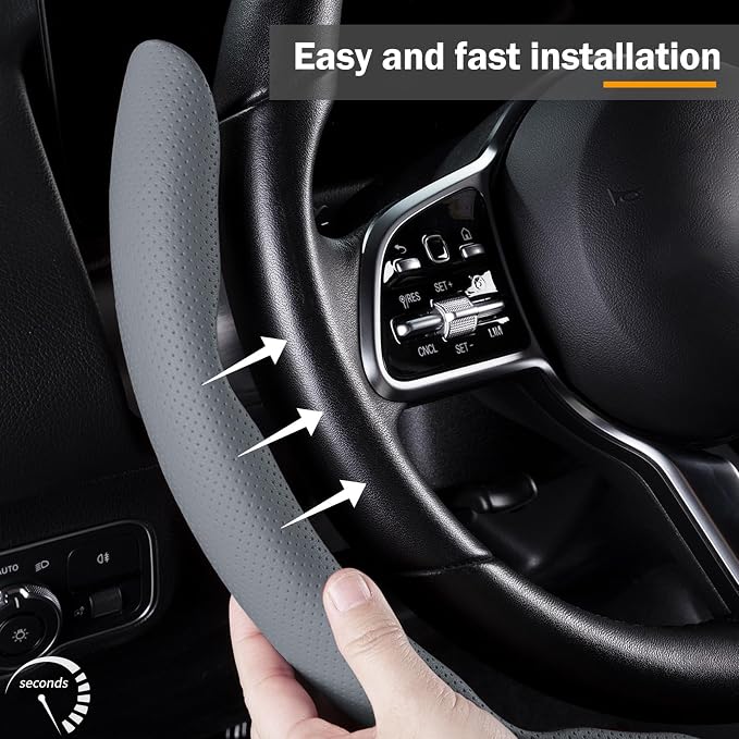 Car Steering Wheel Cover Leather Snap On 3Pcs Set Non-Slip Protector Wrap Steering Wheel Accessories 14.5-15 inch Universal Gray