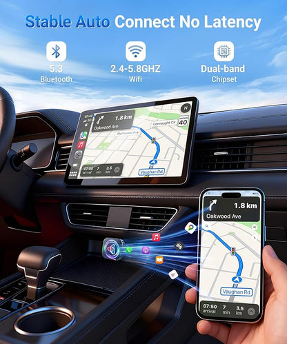 TICARVE 2-in-1 Wireless Apple CarPlay & Android Auto Adapter, Plug & Play CarPlay Wired to Wireless Adapter, Stable Auto-Connect, No Latency, iOS 10+ & Android 11+, USB/USB-C Extension Cable