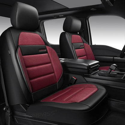 CAR PASS Memory Foam Seat Covers Front, Airy Cool Mesh Thick Car Seat Covers, Leather Car Seat Covers Front Seats Airbag Compatible, Universal Automotive Comfort for Most Cars, Trucks, SUV, Burgundy
