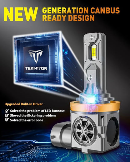 Termitor H11/H9 & 9005/HB3 Light Bulb Combo, 100,000LM 800% Brighter 6500K | 1:1 OEM Size, Long Lifespan, Easy Setup, H11 9005 Light for UTV ATV Offroad Vehicles & Fog Use, Pack of 4