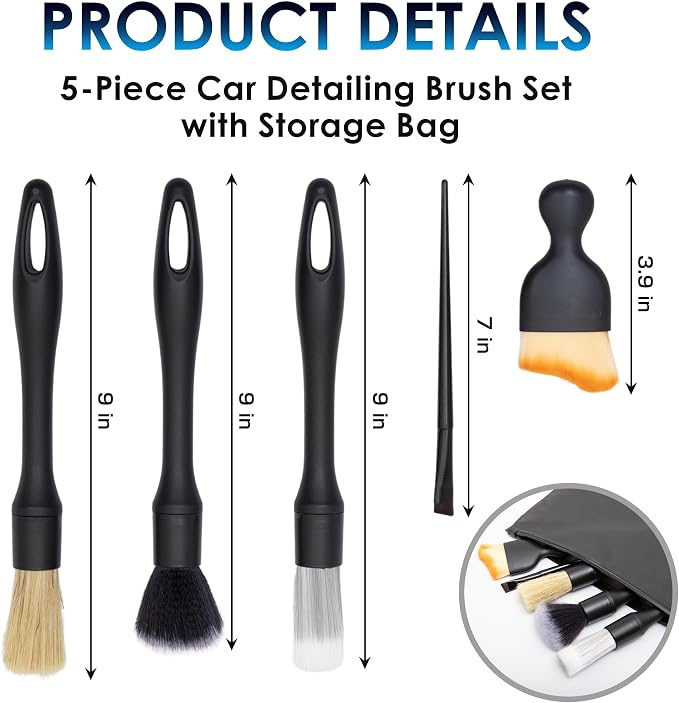 Yours Car Detailing Brush Kit, Interior & Exterior Car Cleaning Brush Set, Auto Detailing Tools for Interior Cleaner, 5 Pack, Black