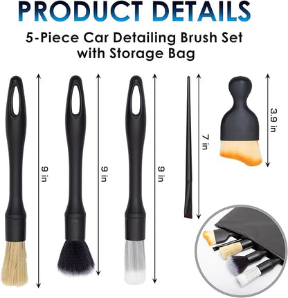 Yours Car Detailing Brush Kit, Interior & Exterior Car Cleaning Brush Set, Auto Detailing Tools for Interior Cleaner, 5 Pack, Black