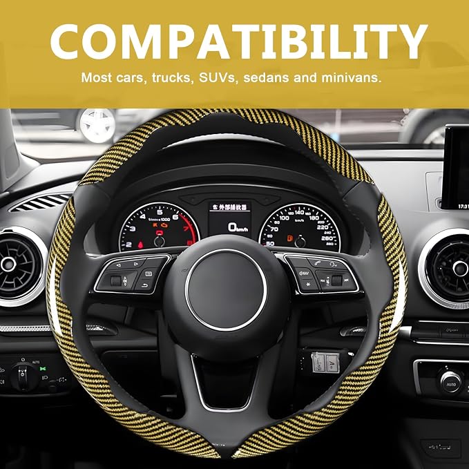 3pcs Universal Carbon Fiber Steering Wheel Cover - Anti-Slip & Segmented Design, Universal 99% Durable Steering Wheel Protector for Men and Women, Car Interior Accessory (Yellow)
