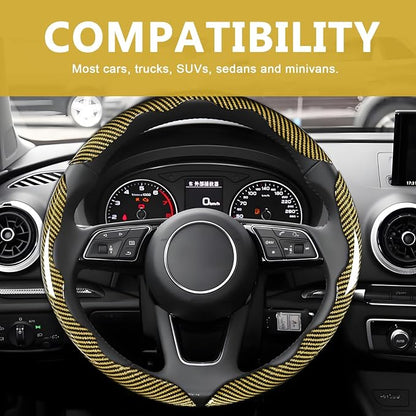 3pcs Universal Carbon Fiber Steering Wheel Cover - Anti-Slip & Segmented Design, Universal 99% Durable Steering Wheel Protector for Men and Women, Car Interior Accessory (Yellow)