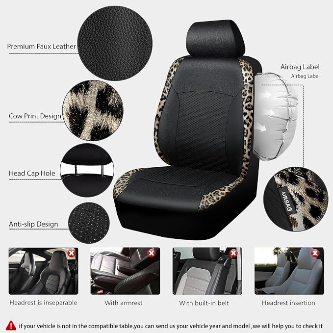 CAR PASS Leopard Print Faux Leather Car Seat Covers & Leopard Car Mats&Leopard Steering Wheel Cover Seat Belt Universal Car Accessories for SUV,Van,Saden,Truck Automobile Interior Sets(Gold Black)