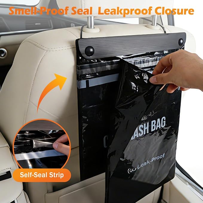 100 Count Recycled Disposable Car Trash Bags - 2.5 Gallon Heavy Duty Alternative to Bulky Car Trash Can & Car Garbage Can, Leakproof Smellproof Hanging & Stick-On Garbage Bag for Car, SUV, Truck