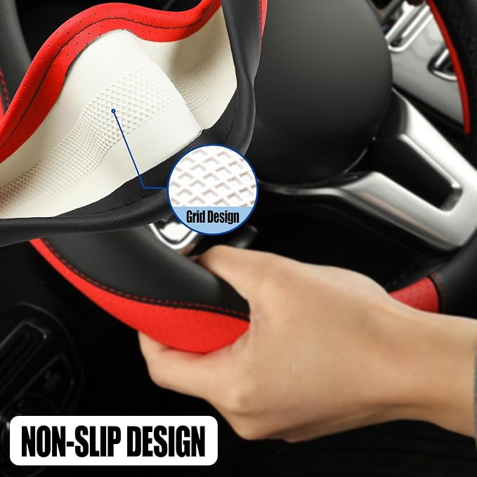 Microfiber Leather Steering Wheel Cover Large Size for Ford F150 F250 F350 RAM 4Runner Tacoma Tundra Armada Model S Model X, Breathable, Anti Slip, 15.5 inch to 16 inch, Black with Red