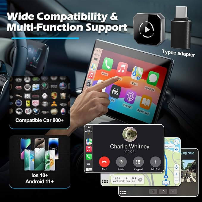 Wireless CarPlay & Android Auto Adapter, 2-in-1 USB Dongle Converts Wired to Wireless, 5GHz WiFi & Bluetooth Plug & Play, Keeps Factory Controls, USB-C Adapter, Wired Required, iOS 10+ Android 11+