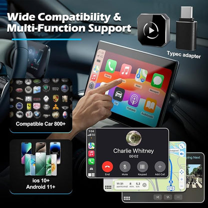 Wireless CarPlay & Android Auto Adapter, 2-in-1 USB Dongle Converts Wired to Wireless, 5GHz WiFi & Bluetooth Plug & Play, Keeps Factory Controls, USB-C Adapter, Wired Required, iOS 10+ Android 11+