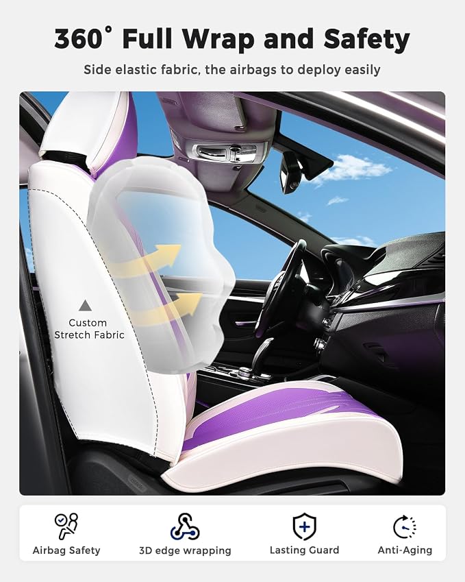 Huidasource Car Seat Covers Full Set, Universal Fit for Most Cars SUV Trucks, Full Coverage Nappa Leather Seat Cover, Airbag, Cupholder Compatible, Seat Function Retain, White&Purple